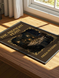 The Midnight Feast Classic Book Art Print by Freida Mcfadden – print on a sunlit desk