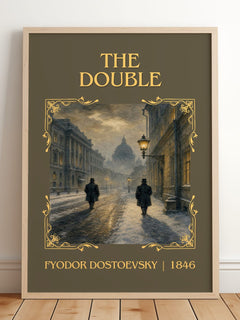 The Double Classic Book Art Print by Fyodor Dostoevsky – framed print leaning on a wooden floor