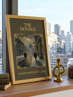 The Double Classic Book Art Print by Fyodor Dostoevsky – framed print on a city-view windowsill