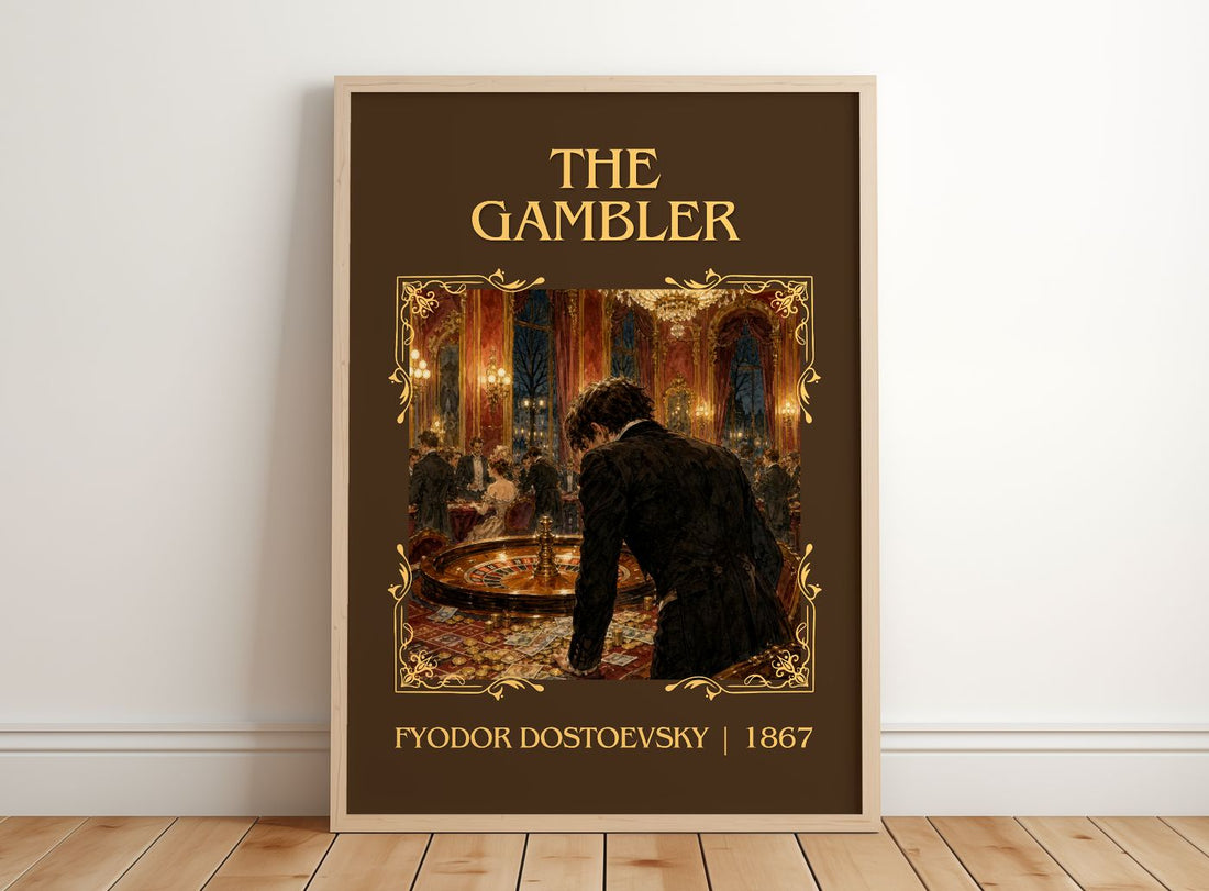 The Gambler Classic Book Art Print by Fyodor Dostoevsky – framed print leaning on a wooden floor