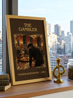 The Gambler Classic Book Art Print by Fyodor Dostoevsky – framed print on a city-view windowsill