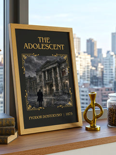 The Adolescent Classic Book Art Print by Fyodor Dostoevsky – framed print on a city-view windowsill