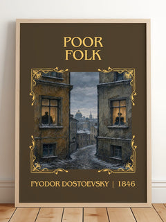 Poor Folk Classic Book Art Print by Fyodor Dostoevsky – framed print leaning on a wooden floor