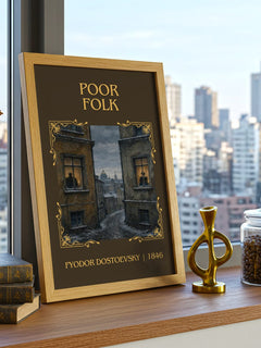 Poor Folk Classic Book Art Print by Fyodor Dostoevsky – framed print on a city-view windowsill