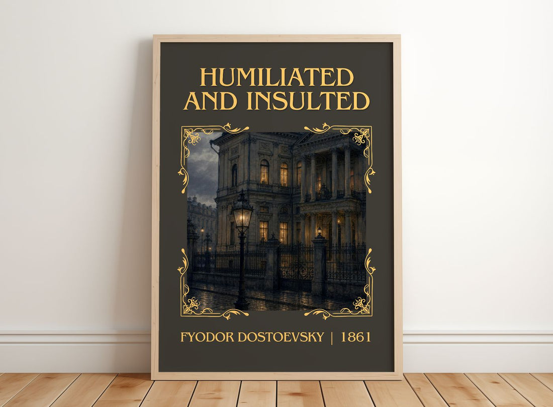 Humiliated And Insulted Classic Book Art Print by Fyodor Dostoevsky – framed print leaning on a wooden floor