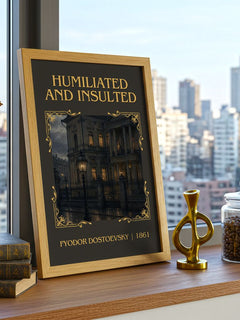 Humiliated And Insulted Classic Book Art Print by Fyodor Dostoevsky – framed print on a city-view windowsill