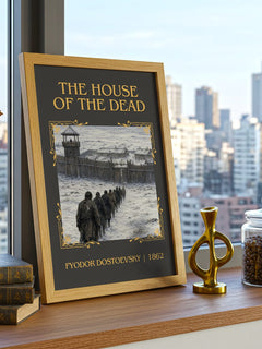 The House Of The Dead Classic Book Art Print by Fyodor Dostoevsky – framed print on a city-view windowsill