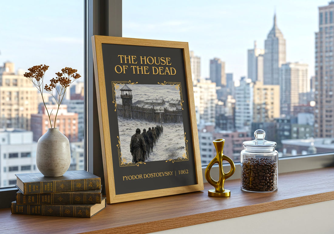 The House Of The Dead Classic Book Art Print by Fyodor Dostoevsky – framed print on a city-view windowsill
