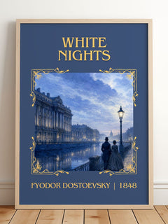 White Nights Classic Book Art Print by Fyodor Dostoevsky – framed print leaning on a wooden floor