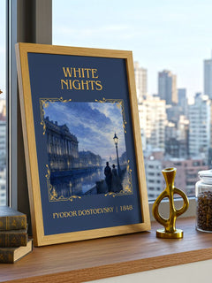 White Nights Classic Book Art Print by Fyodor Dostoevsky – framed print on a city-view windowsill