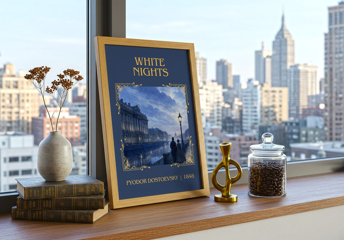 White Nights Classic Book Art Print by Fyodor Dostoevsky – framed print on a city-view windowsill