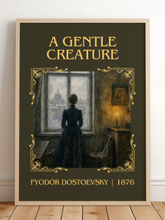A Gentle Creature Classic Book Art Print by Fyodor Dostoevsky – framed print leaning on a wooden floor