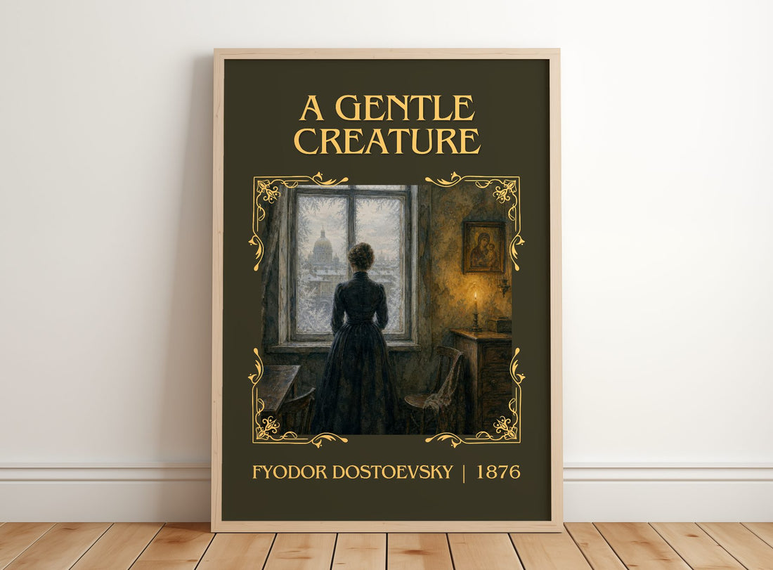 A Gentle Creature Classic Book Art Print by Fyodor Dostoevsky – framed print leaning on a wooden floor