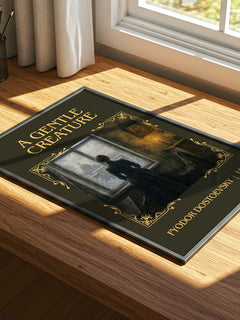 A Gentle Creature Classic Book Art Print by Fyodor Dostoevsky – print on a sunlit desk