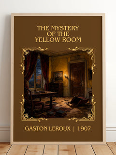 The Mystery Of The Yellow Room Classic Book Art Print by Gaston Leroux – framed print leaning on a wooden floor
