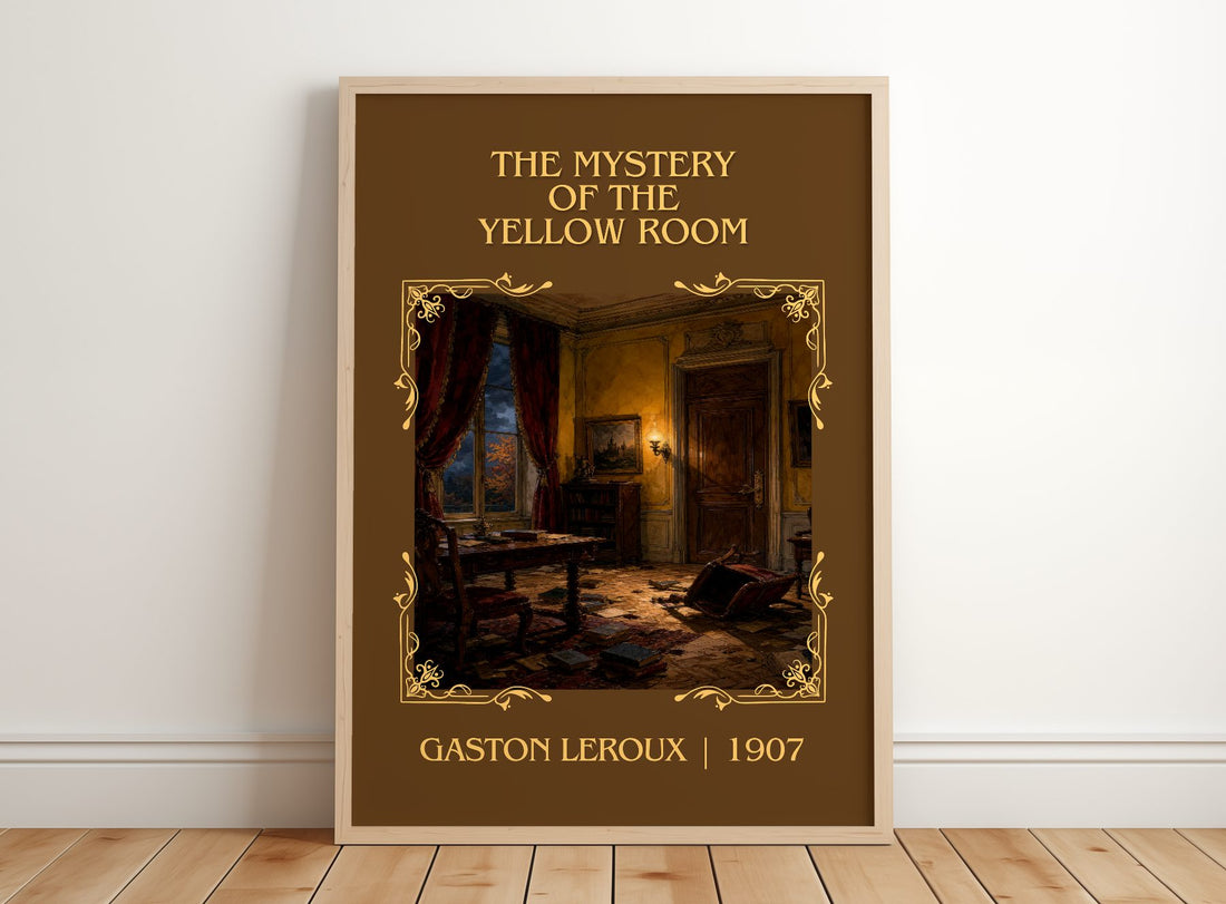 The Mystery Of The Yellow Room Classic Book Art Print by Gaston Leroux – framed print leaning on a wooden floor
