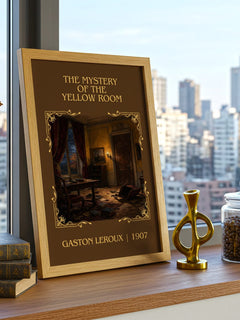 The Mystery Of The Yellow Room Classic Book Art Print by Gaston Leroux – framed print on a city-view windowsill