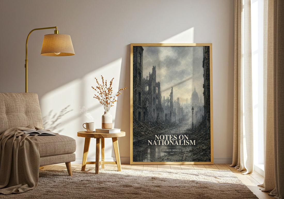 Notes On Nationalism watercolour print in frame leaning in hallway – non fiction wall art (mockup)