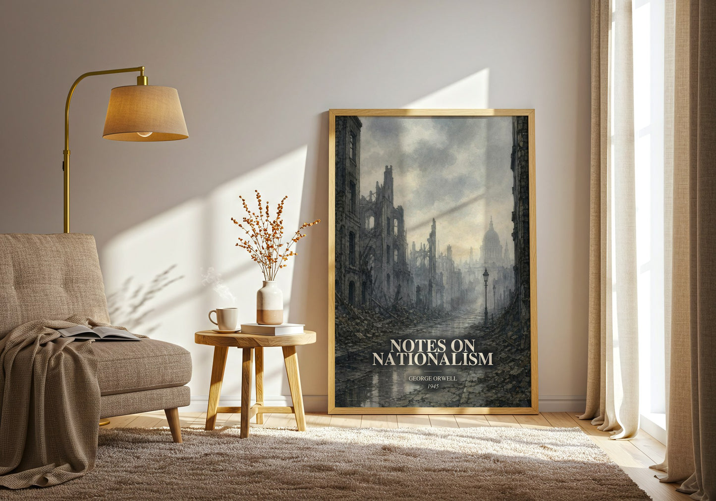 Notes On Nationalism watercolour print in frame leaning in hallway – non fiction wall art