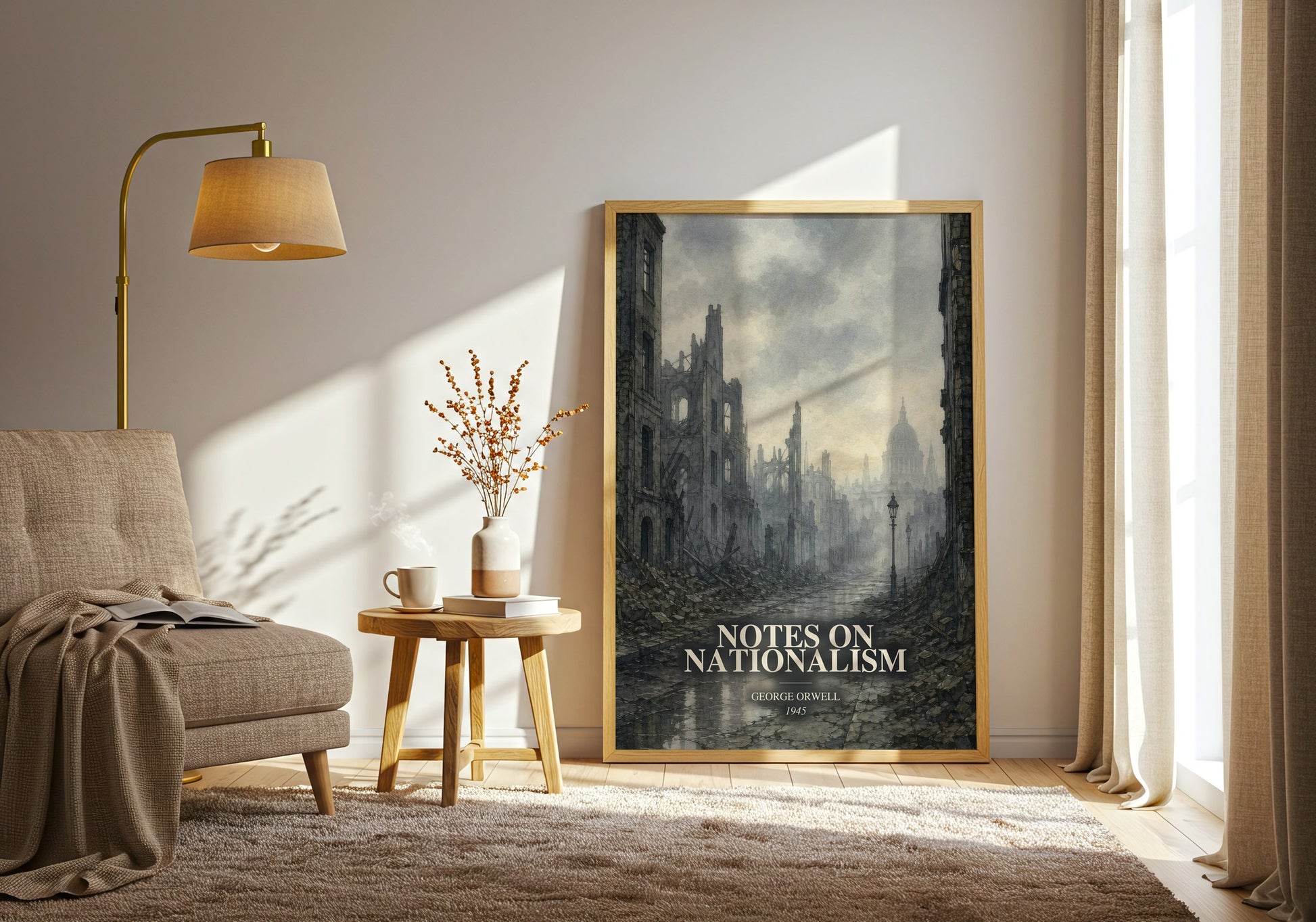 Notes On Nationalism watercolour print in frame leaning in hallway – non fiction wall art