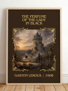 Perfume Of The Lady In Black Classic Book Art Print by Gaston Leroux – framed print leaning on a wooden floor