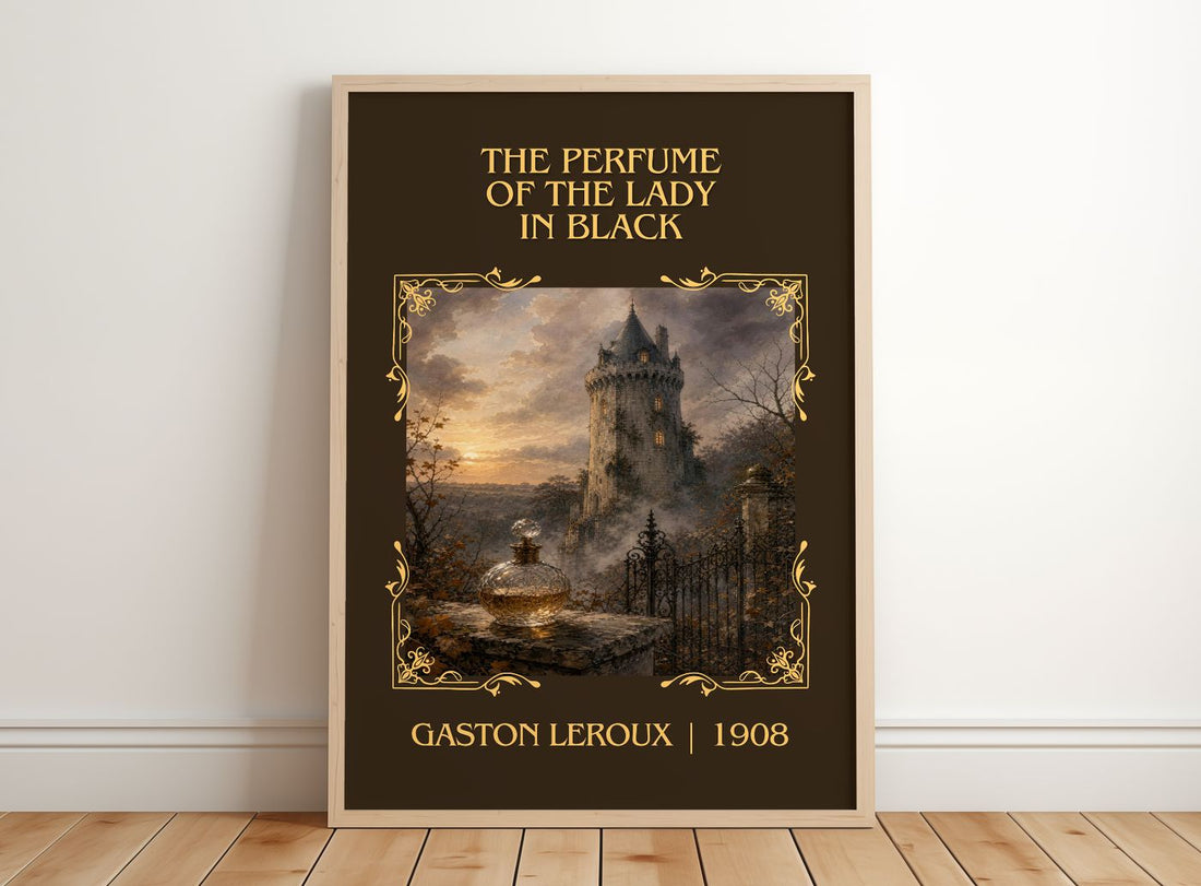 Perfume Of The Lady In Black Classic Book Art Print by Gaston Leroux – framed print leaning on a wooden floor