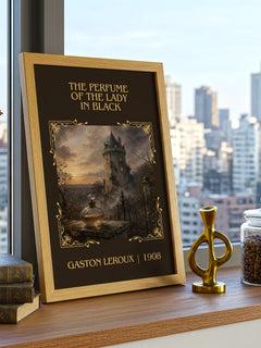 Perfume Of The Lady In Black Classic Book Art Print by Gaston Leroux – framed print on a city-view windowsill
