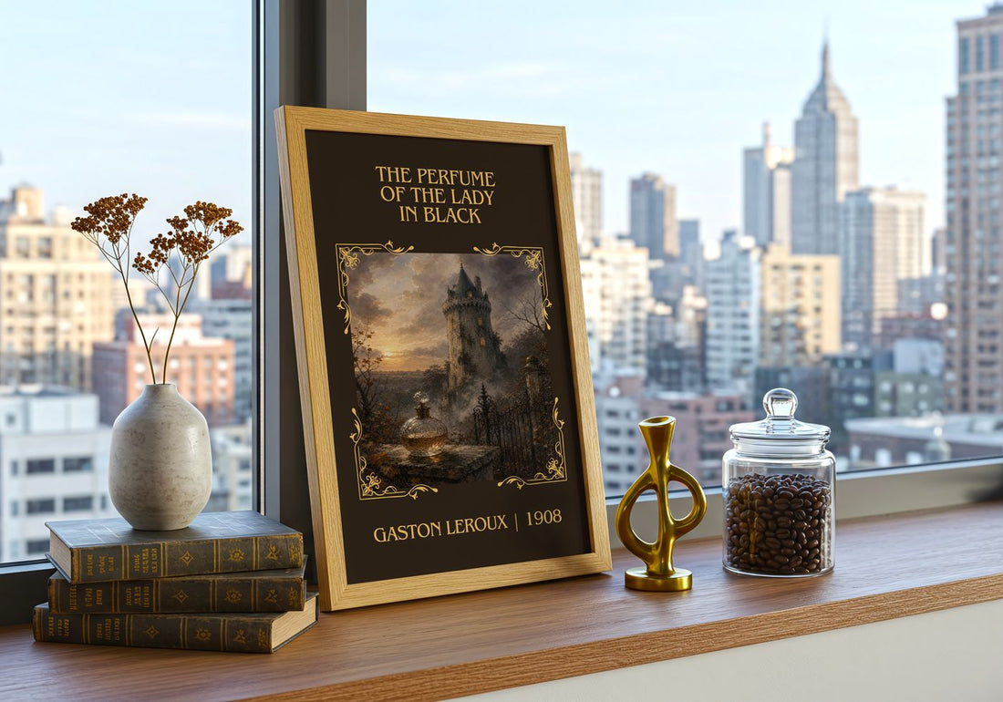 Perfume Of The Lady In Black Classic Book Art Print by Gaston Leroux – framed print on a city-view windowsill