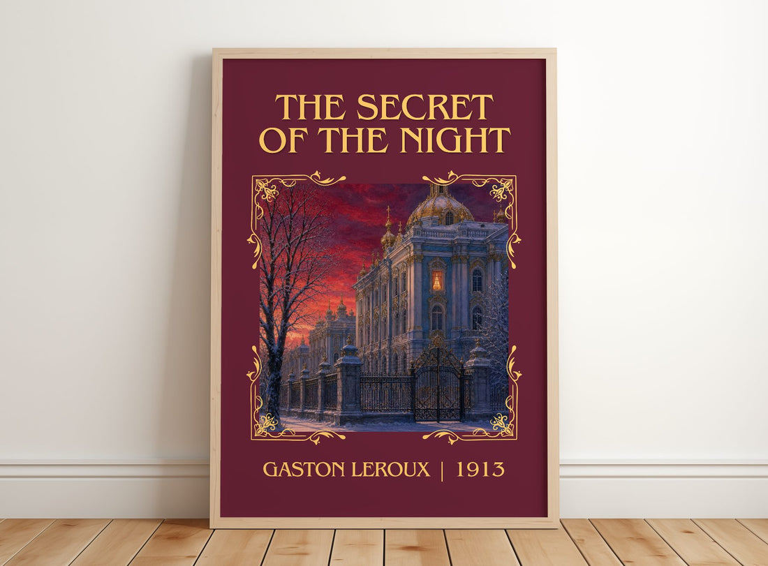 The Secret Of The Night Classic Book Art Print by Gaston Leroux – framed print leaning on a wooden floor