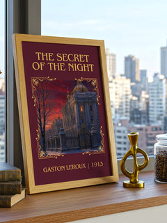 The Secret Of The Night Classic Book Art Print by Gaston Leroux – framed print on a city-view windowsill