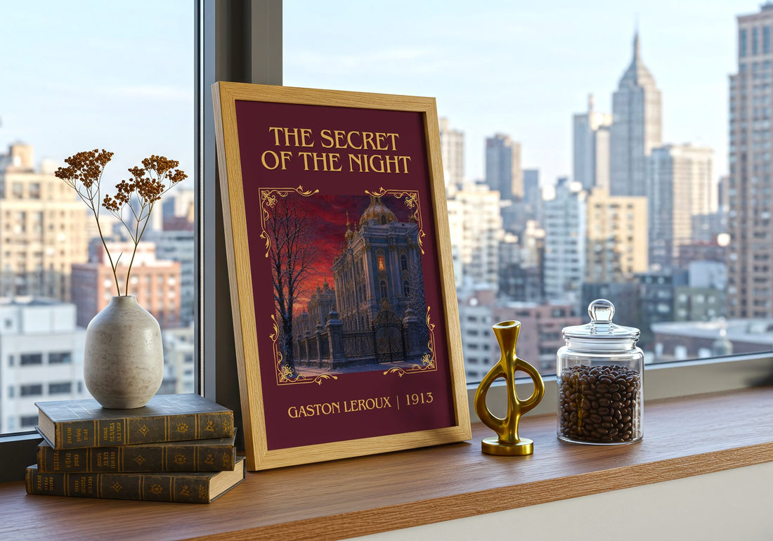 The Secret Of The Night Classic Book Art Print by Gaston Leroux – framed print on a city-view windowsill