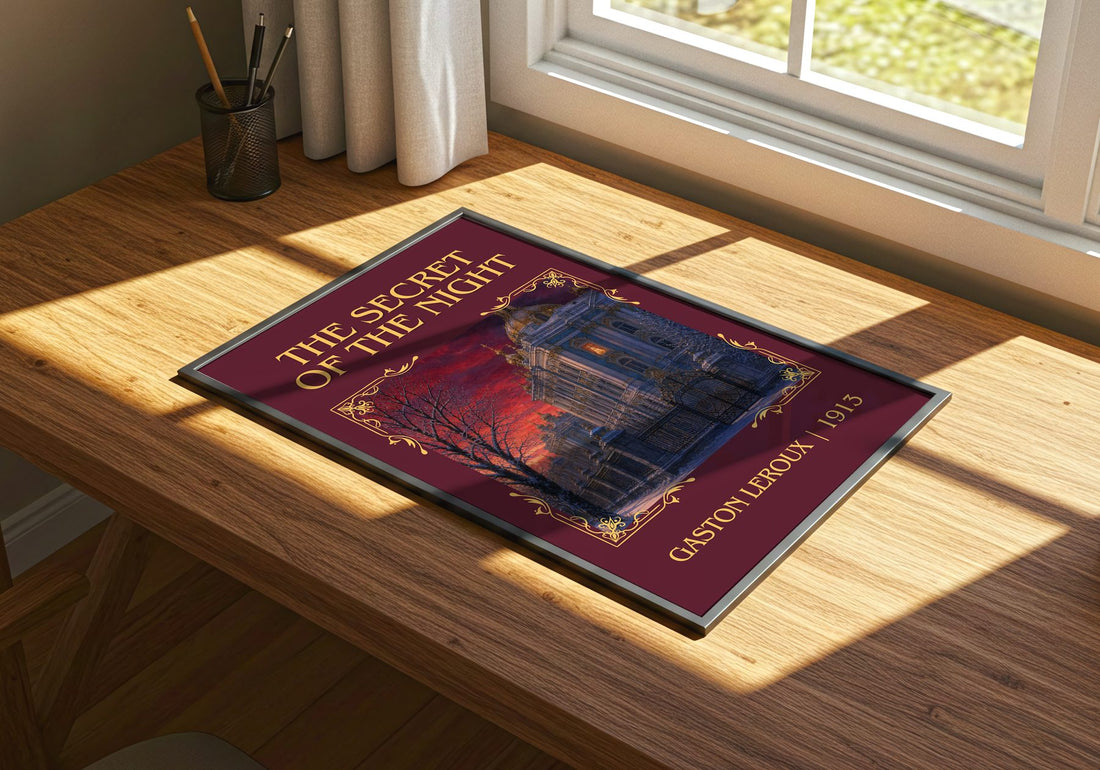 The Secret Of The Night Classic Book Art Print by Gaston Leroux – print on a sunlit desk