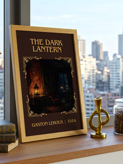 The Dark Lantern Classic Book Art Print by Gaston Leroux – framed print on a city-view windowsill