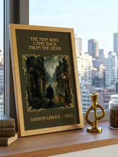 Man Who Came Back From The Dead Classic Book Art Print by G. Leroux – framed print on a city-view windowsill