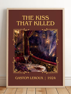 The Kiss That Killed Classic Book Art Print by Gaston Leroux – framed print leaning on a wooden floor
