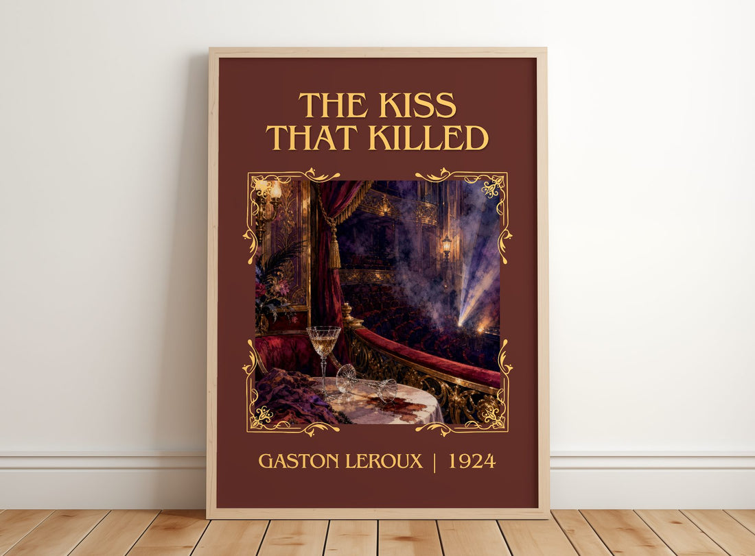 The Kiss That Killed Classic Book Art Print by Gaston Leroux – framed print leaning on a wooden floor
