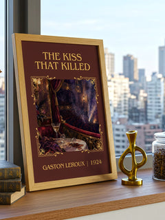 The Kiss That Killed Classic Book Art Print by Gaston Leroux – framed print on a city-view windowsill