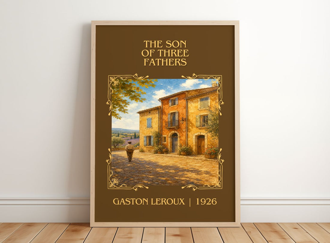 The Son Of Three Fathers Classic Book Art Print by Gaston Leroux – framed print leaning on a wooden floor