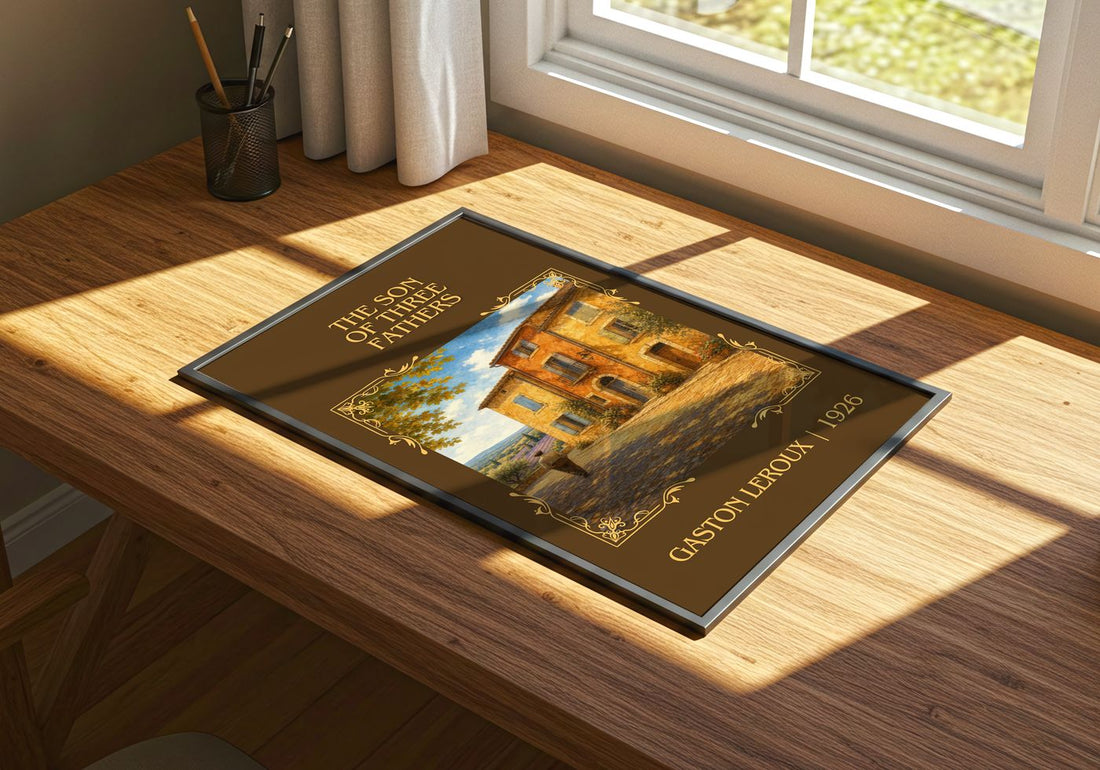 The Son Of Three Fathers Classic Book Art Print by Gaston Leroux – print on a sunlit desk