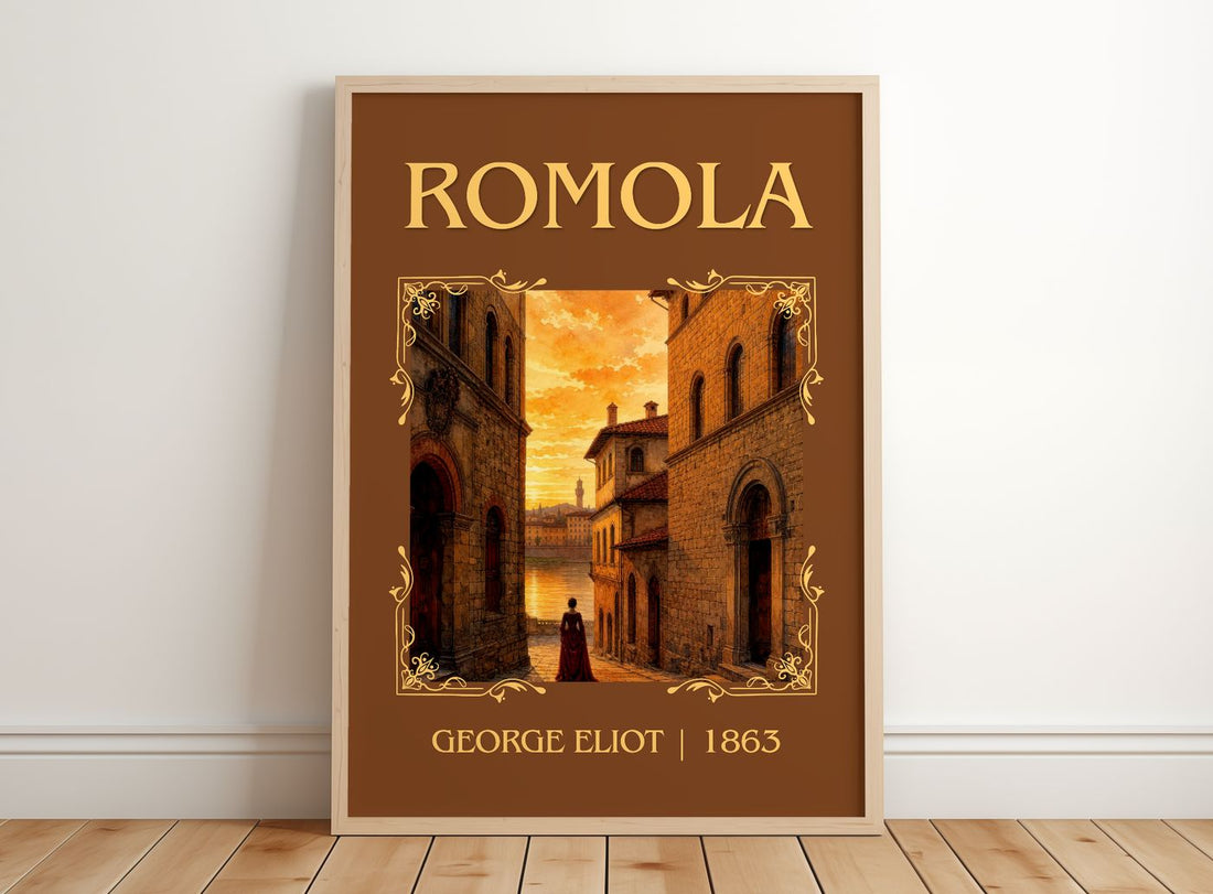 Romola Classic Book Art Print by George Eliot – framed print leaning on a wooden floor