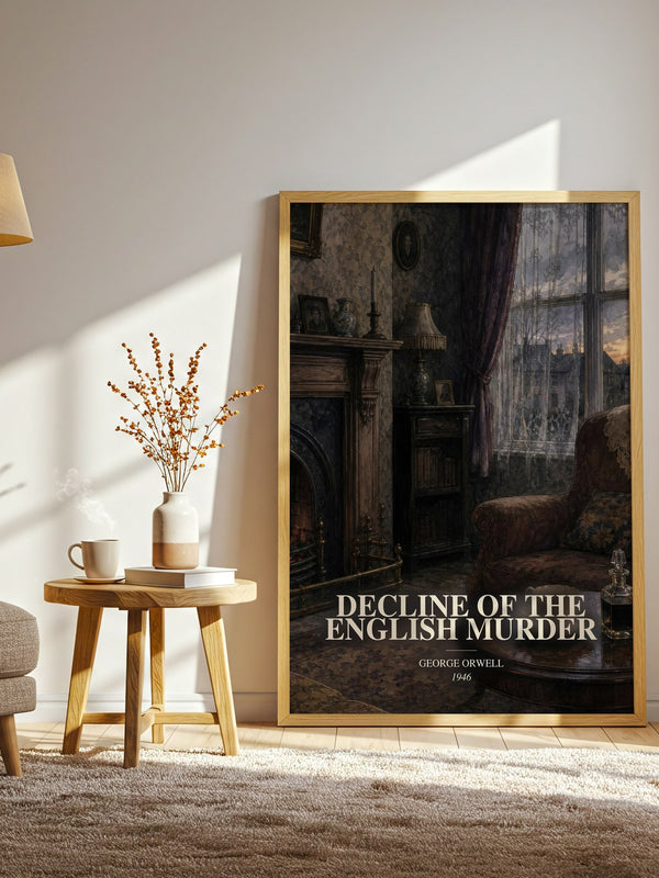 Decline Of The English Murder watercolour print in frame leaning in hallway – non fiction wall art