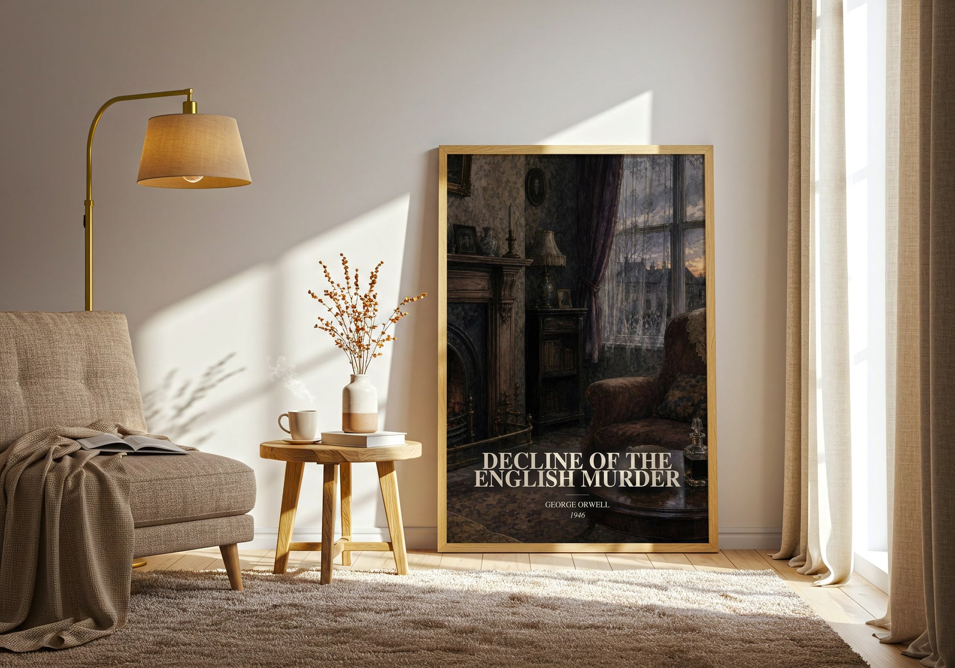 Decline Of The English Murder watercolour print in frame leaning in hallway – non fiction wall art