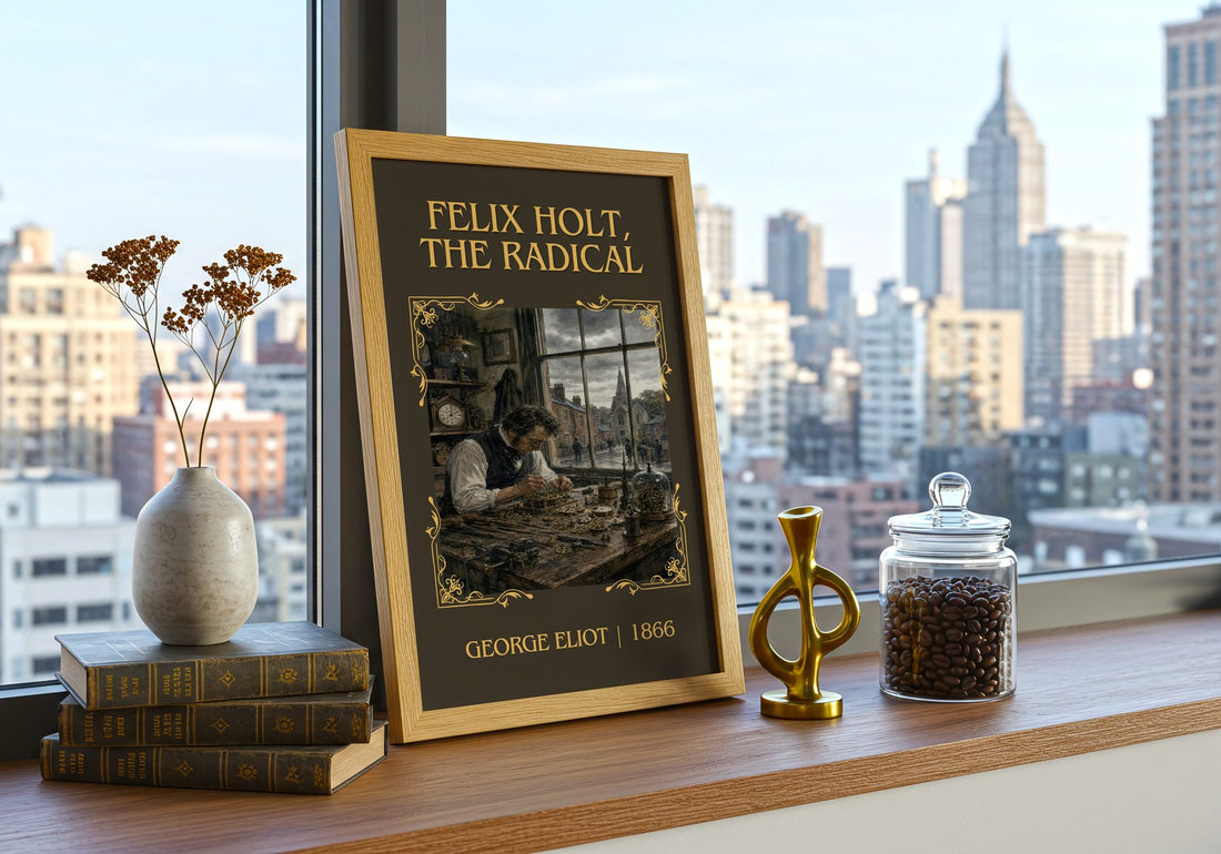 Felix Holt, The Radical Classic Book Art Print by George Eliot – framed print on a city-view windowsill