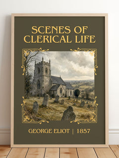Scenes Of Clerical Life Classic Book Art Print by George Eliot – framed print leaning on a wooden floor
