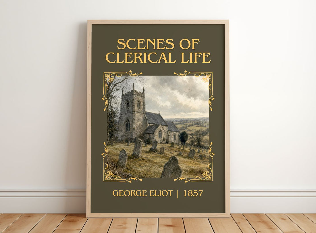 Scenes Of Clerical Life Classic Book Art Print by George Eliot – framed print leaning on a wooden floor