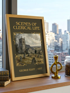 Scenes Of Clerical Life Classic Book Art Print by George Eliot – framed print on a city-view windowsill