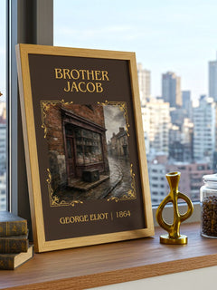 Brother Jacob Classic Book Art Print by George Eliot – framed print on a city-view windowsill