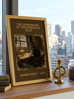 Impressions Of Theophrastus Such Classic Book Art Print by G. Eliot – framed print on a city-view windowsill
