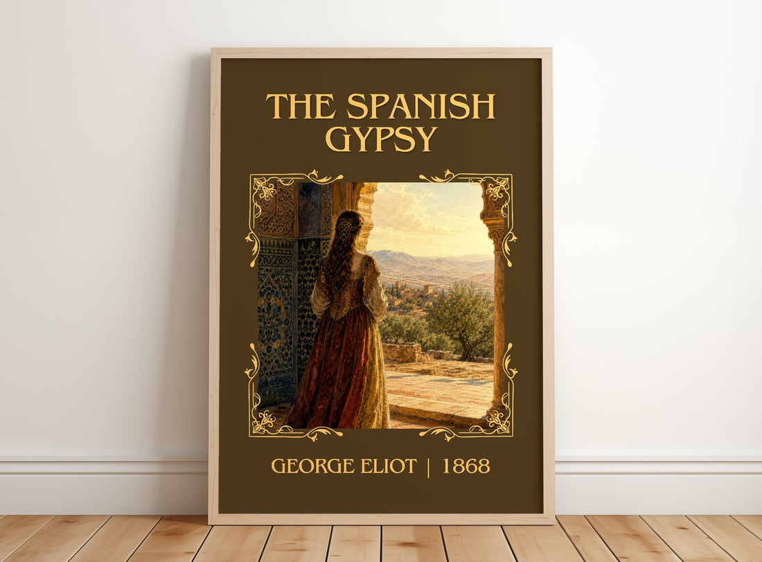 The Spanish Gypsy Classic Book Art Print by George Eliot – framed print leaning on a wooden floor