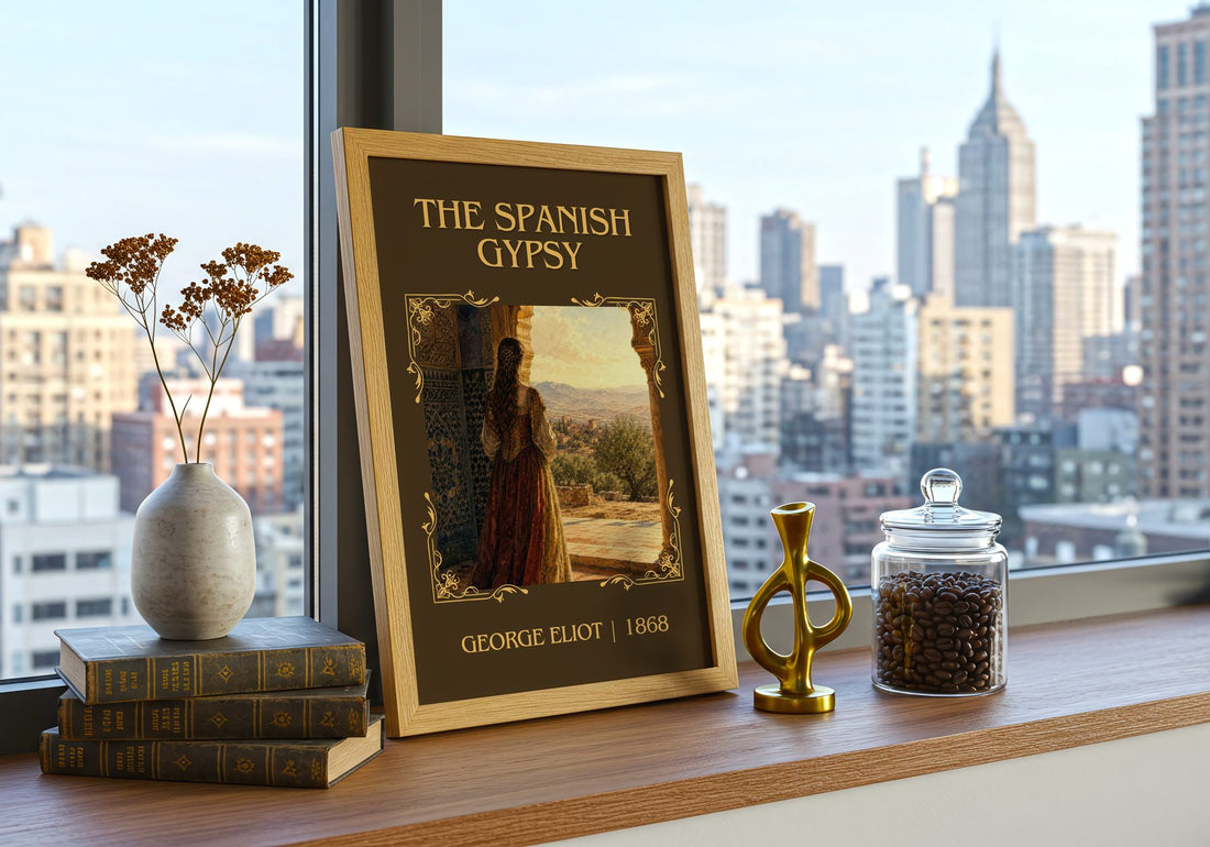 The Spanish Gypsy Classic Book Art Print by George Eliot – framed print on a city-view windowsill